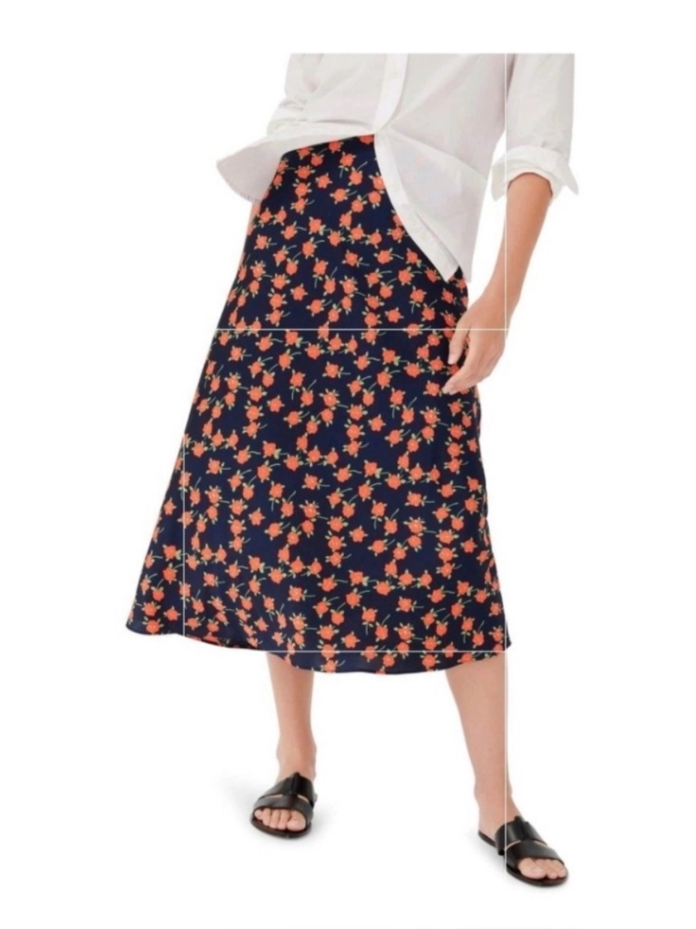 J. Crew Navy Satin Poppy Print Maxi Flowy Skirt Size X-Large NEW